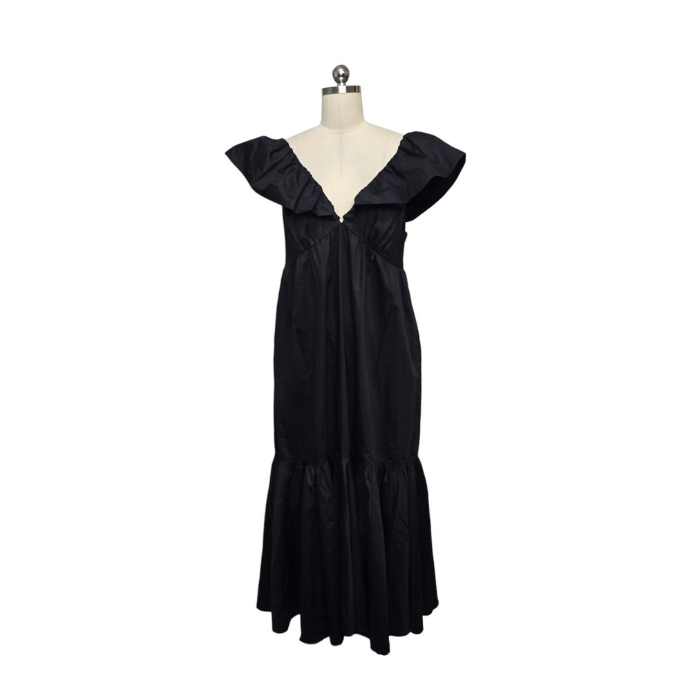 La Ligne Black Cotton Ruffle V-Neck Smocked Back Tiered Maxi Dress Size Large